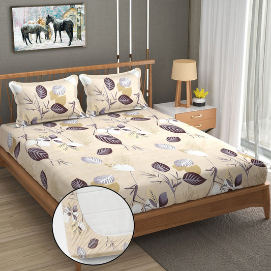 Beige Floral 100% Waterproof Elastic Fitted King Size Double Bed Bedsheet With 2 Pillow Covers