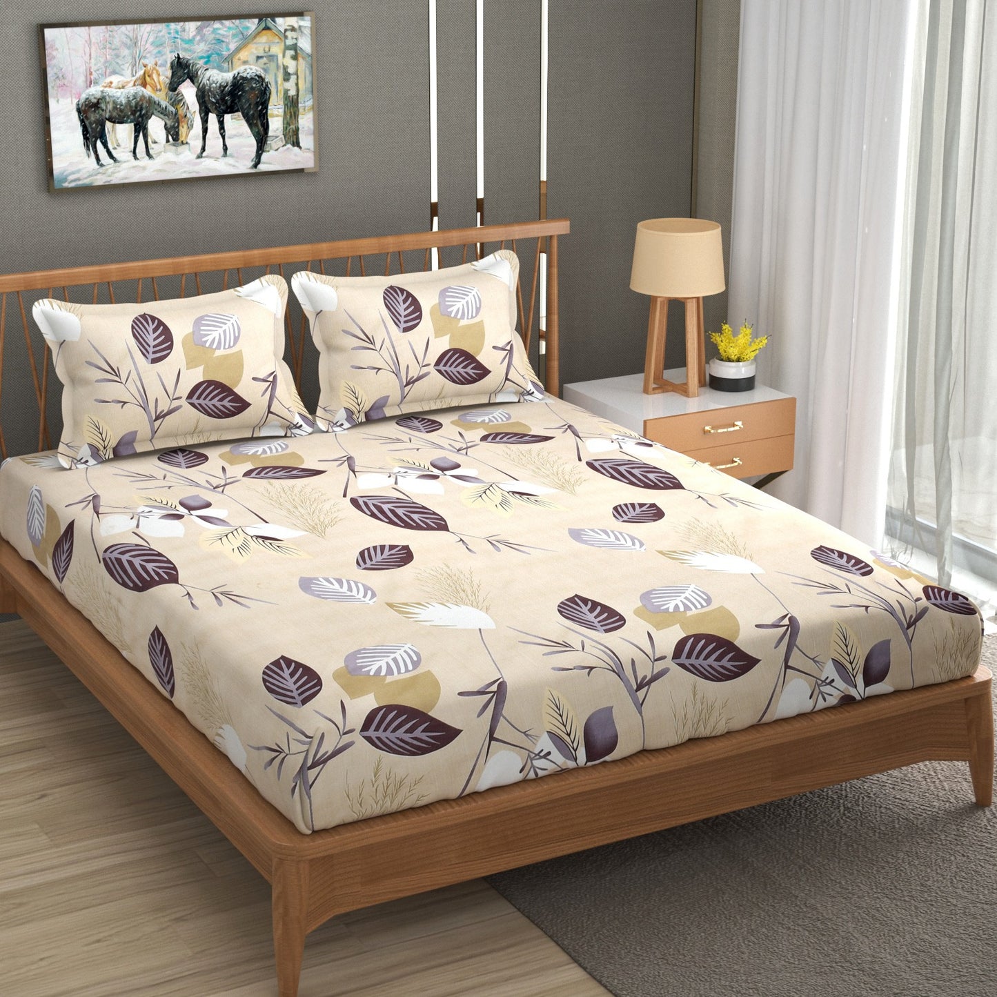 Beige Floral 100% Waterproof Elastic Fitted King Size Double Bed Bedsheet With 2 Pillow Covers