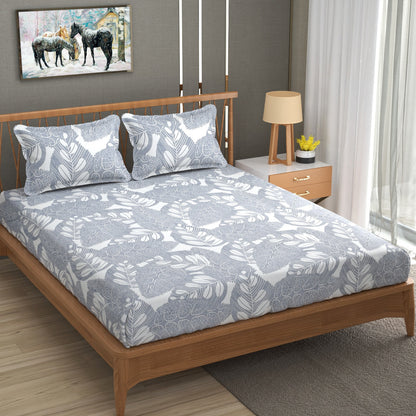 Grey Floral 100% Waterproof Elastic Fitted King Size Double Bed Bedsheet With 2 Pillow Covers