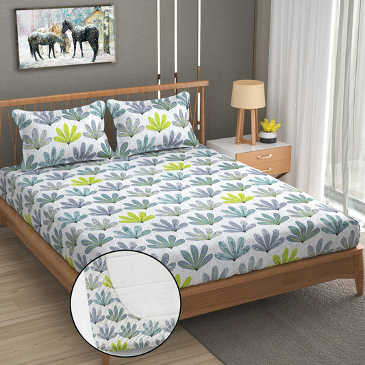 Grey Floral 100% Waterproof Elastic Fitted King Size Double Bed Bedsheet With 2 Pillow Covers