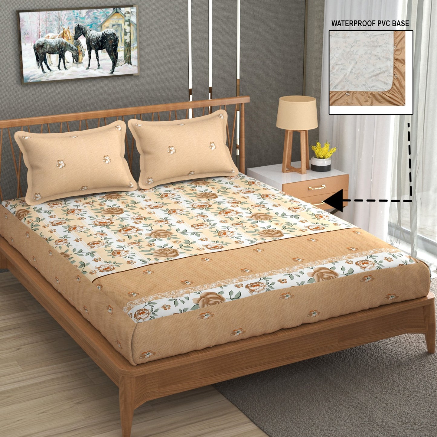 Brown Floral 100% Waterproof Elastic Fitted King Size Double Bed Bedsheet With 2 Pillow Covers