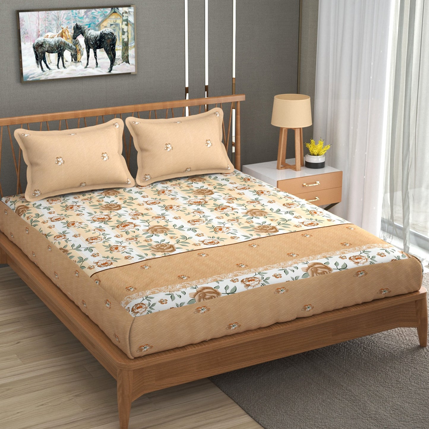 Brown Floral 100% Waterproof Elastic Fitted King Size Double Bed Bedsheet With 2 Pillow Covers