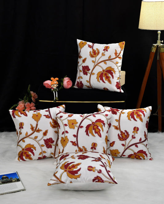 Premium White Floral Abstract Cushion Covers - Set Of 5