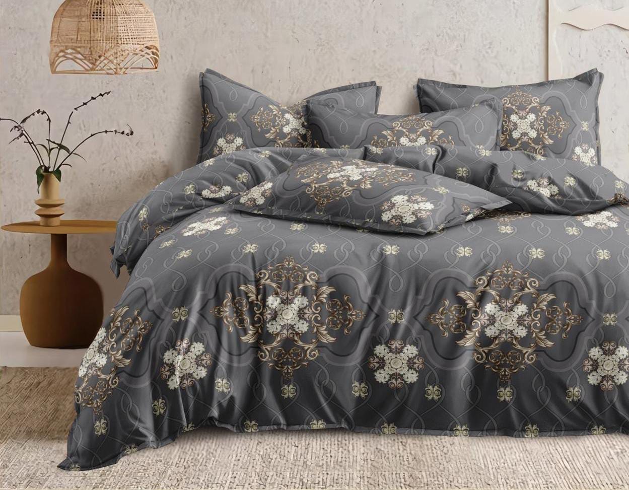 Fabicra Rich Grey Cotton Elastic Fitted King Size Double Bed Bedsheet with 2 Pillow Covers