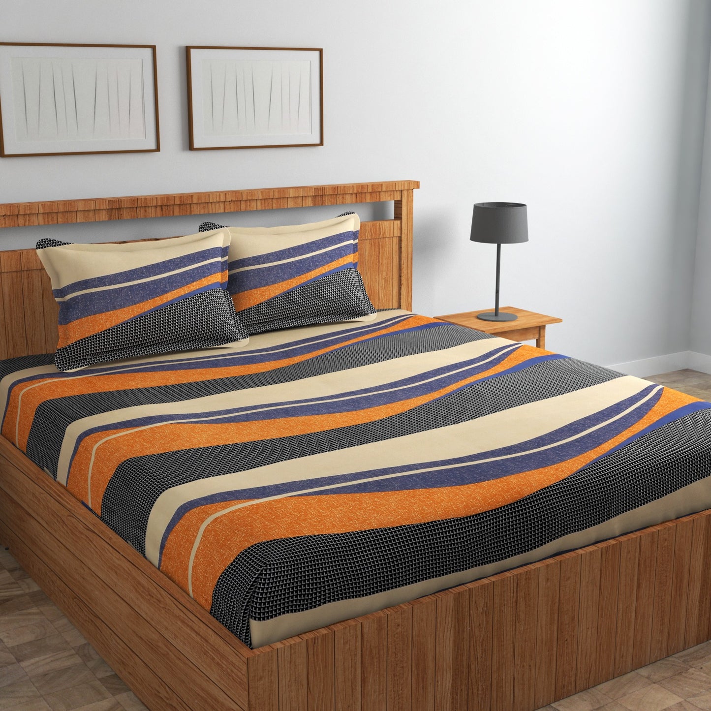 Fabicra Bliss Wave Cotton Elastic Fitted King Size Bedsheet with 2 Pillow Covers