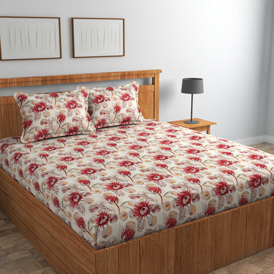 Fabicra Bliss Red Cotton Elastic Fitted King Size Bedsheet with 2 Pillow Covers