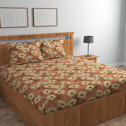 Fabicra Bliss Marigold Cotton Elastic Fitted King Size Bedsheet with 2 Pillow Covers (BOGO)