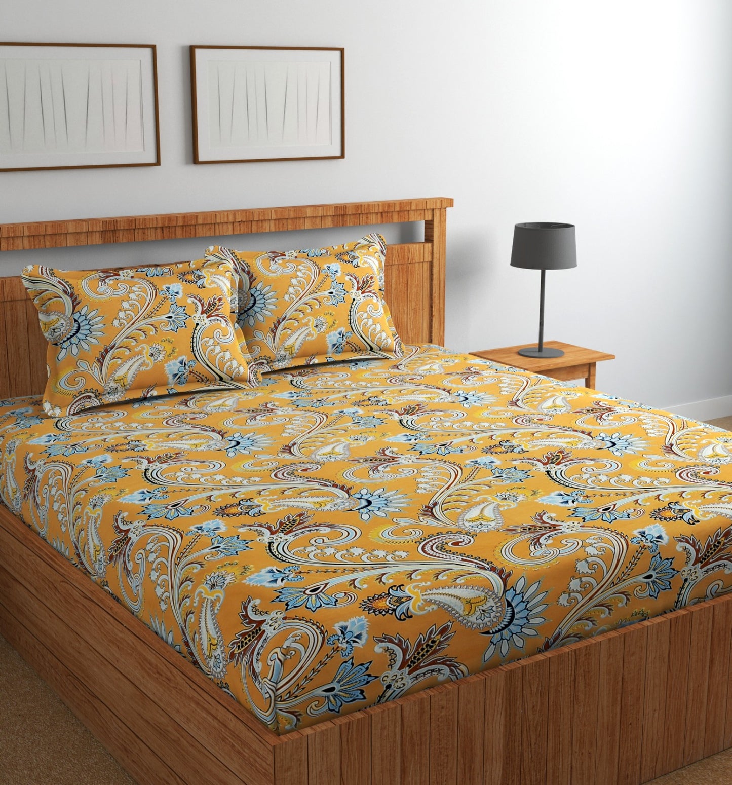 Fabicra Bliss Orange Cotton Elastic Fitted King Size Bedsheet with 2 Pillow Covers (BOGO)