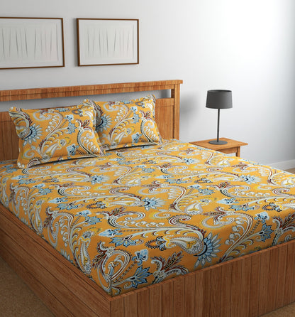 Fabicra Bliss Orange Cotton Elastic Fitted King Size Bedsheet with 2 Pillow Covers (BOGO)