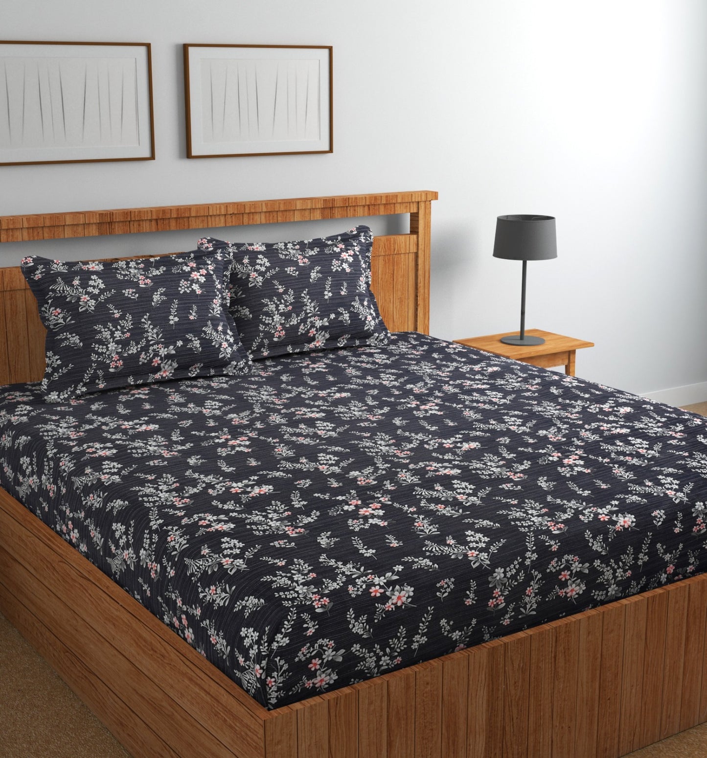 Fabicra Bliss Dark Cotton Elastic Fitted King Size Bedsheet with 2 Pillow Covers