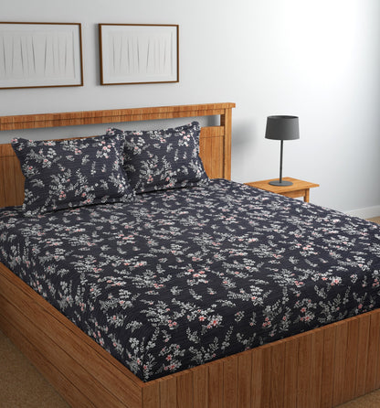 Fabicra Bliss Dark Cotton Elastic Fitted King Size Bedsheet with 2 Pillow Covers