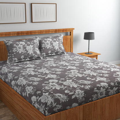 Fabicra Bliss Grey Cotton Elastic Fitted King Size Bedsheet with 2 Pillow Covers