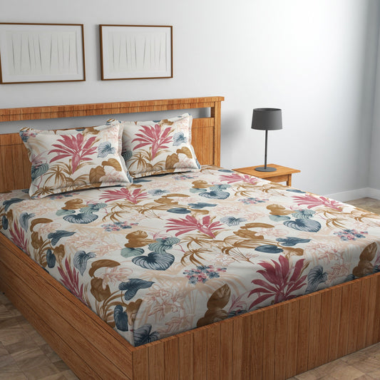 Fabicra Bliss Bloom Cotton Elastic Fitted King Size Bedsheet with 2 Pillow Covers