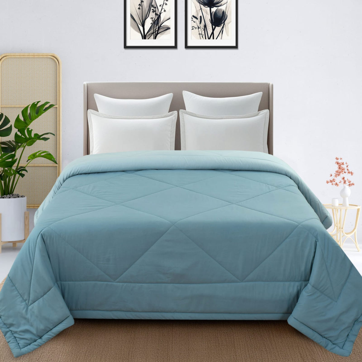 Aqua Blue Solid Summer Touch Double Bed AC Comforter/Blanket Reversible by Fabicra