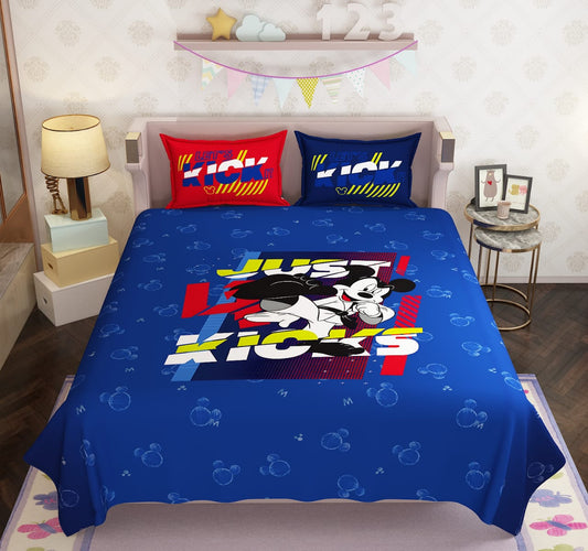100% Cotton Kids Mickey Mouse Double Bed Bedsheet with Pillow Covers - 250 Thread Counts