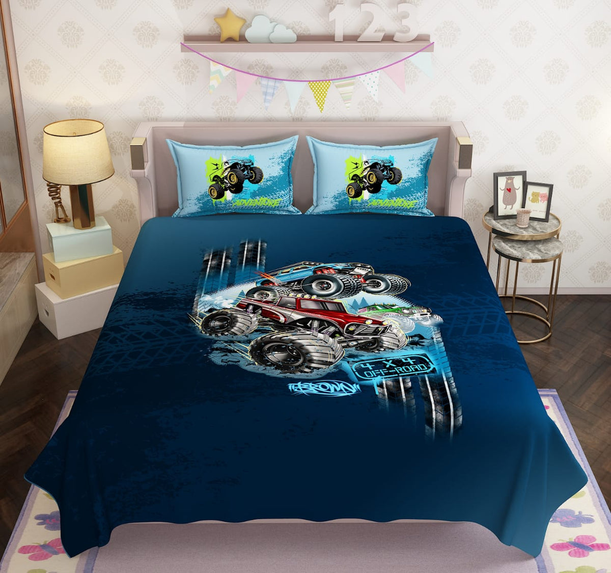 100% Cotton Kids Trucks Double Bed Bedsheet with Pillow Covers - 250 Thread Counts