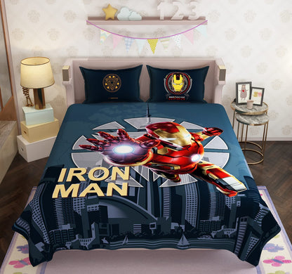 100% Cotton Kids Iron Man Double Bed Bedsheet with Pillow Covers - 250 Thread Counts