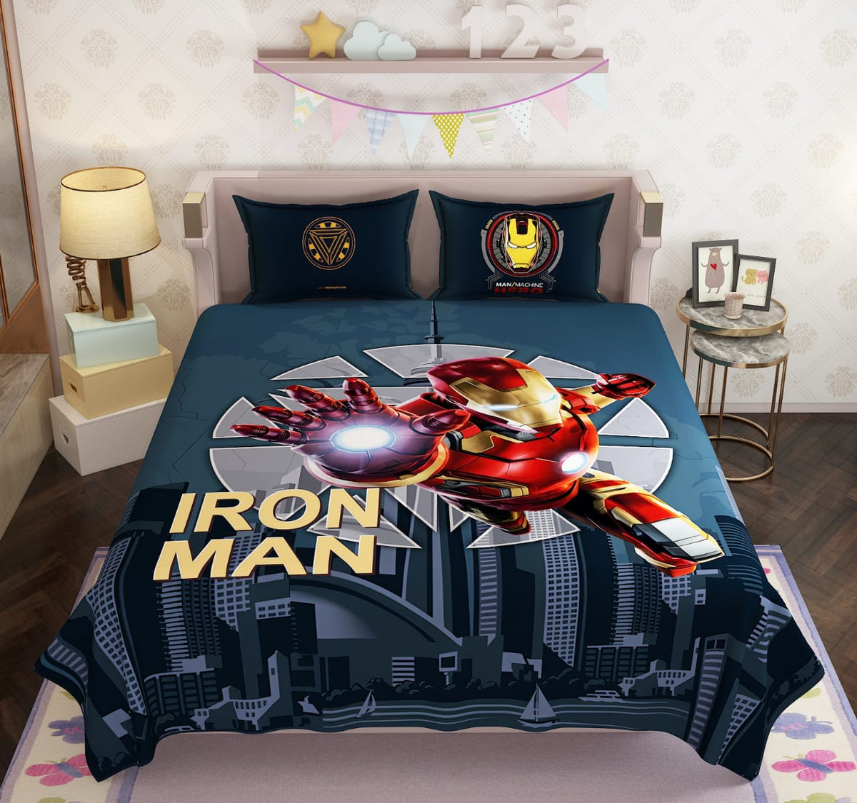 100% Cotton Kids Iron Man Double Bed Bedsheet with Pillow Covers - 250 Thread Counts