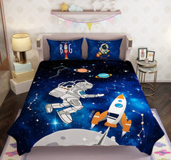 100% Cotton Kids Spaceship Double Bed Bedsheet with Pillow Covers - 250 Thread Counts