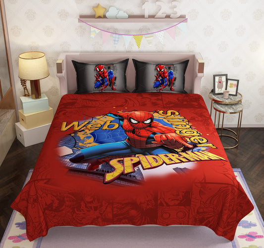 100% Cotton Kids Spiderman Double Bed Bedsheet with Pillow Covers - 250 Thread Counts