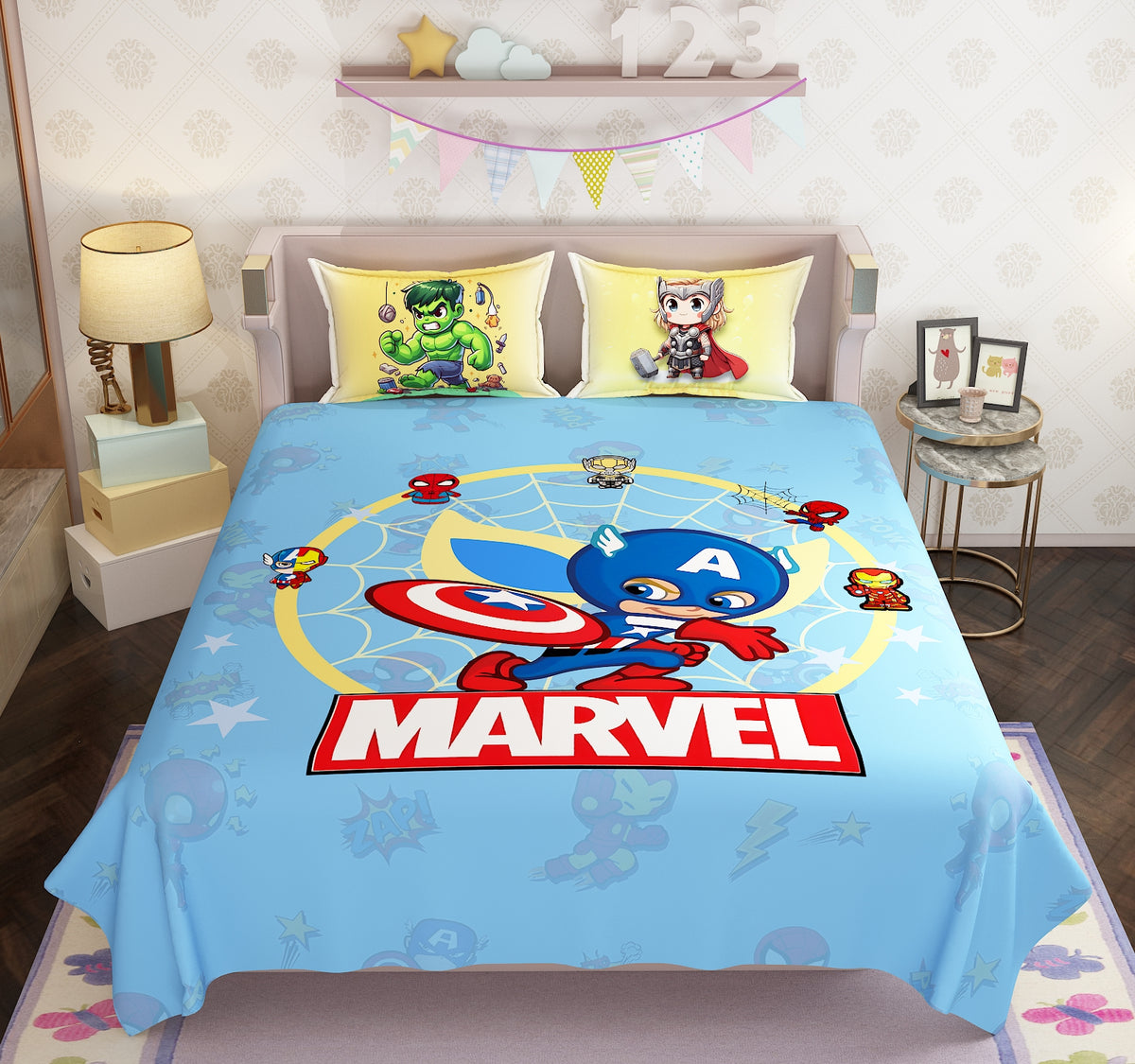 100% Cotton Kids Marvel Double Bed Bedsheet with Pillow Covers - 250 Thread Counts
