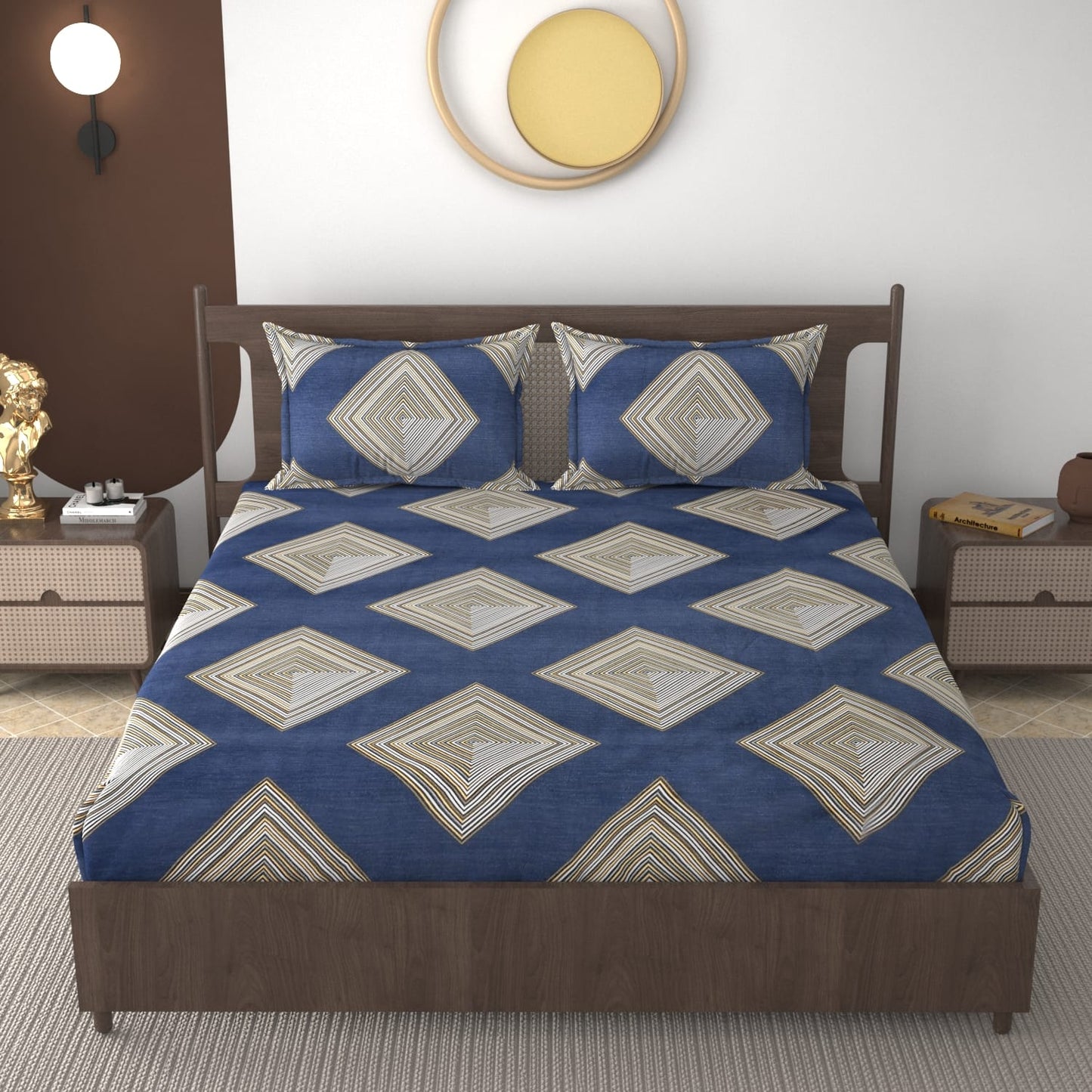 Fabicra Bliss Blue Cotton Elastic Fitted King Size Bedsheet with 2 Pillow Covers (BOGO)