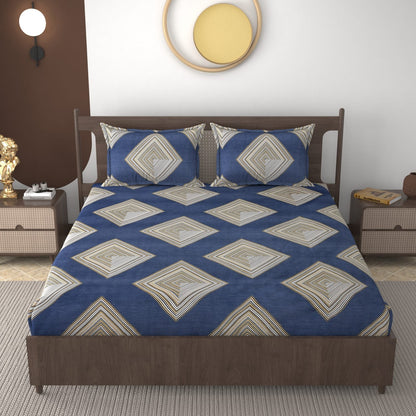 Fabicra Bliss Blue Cotton Elastic Fitted King Size Bedsheet with 2 Pillow Covers (BOGO)