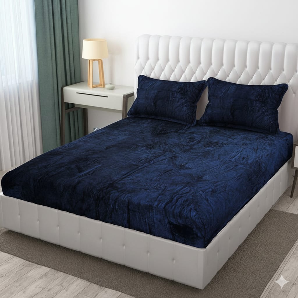 Fabicra Designer Warm Elastic Fitted King Bedsheet with 2 Pillow Covers (New)