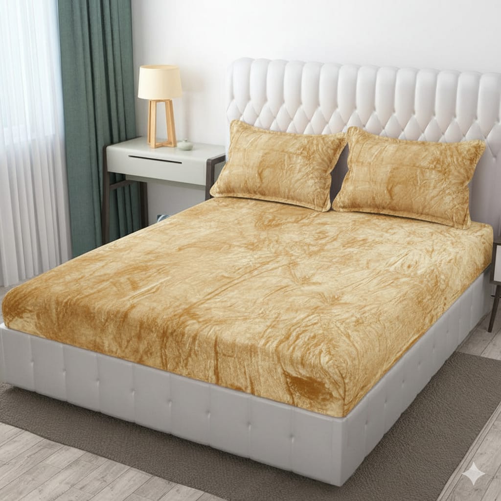 Fabicra Designer Warm Elastic Fitted King Bedsheet with 2 Pillow Covers (New)