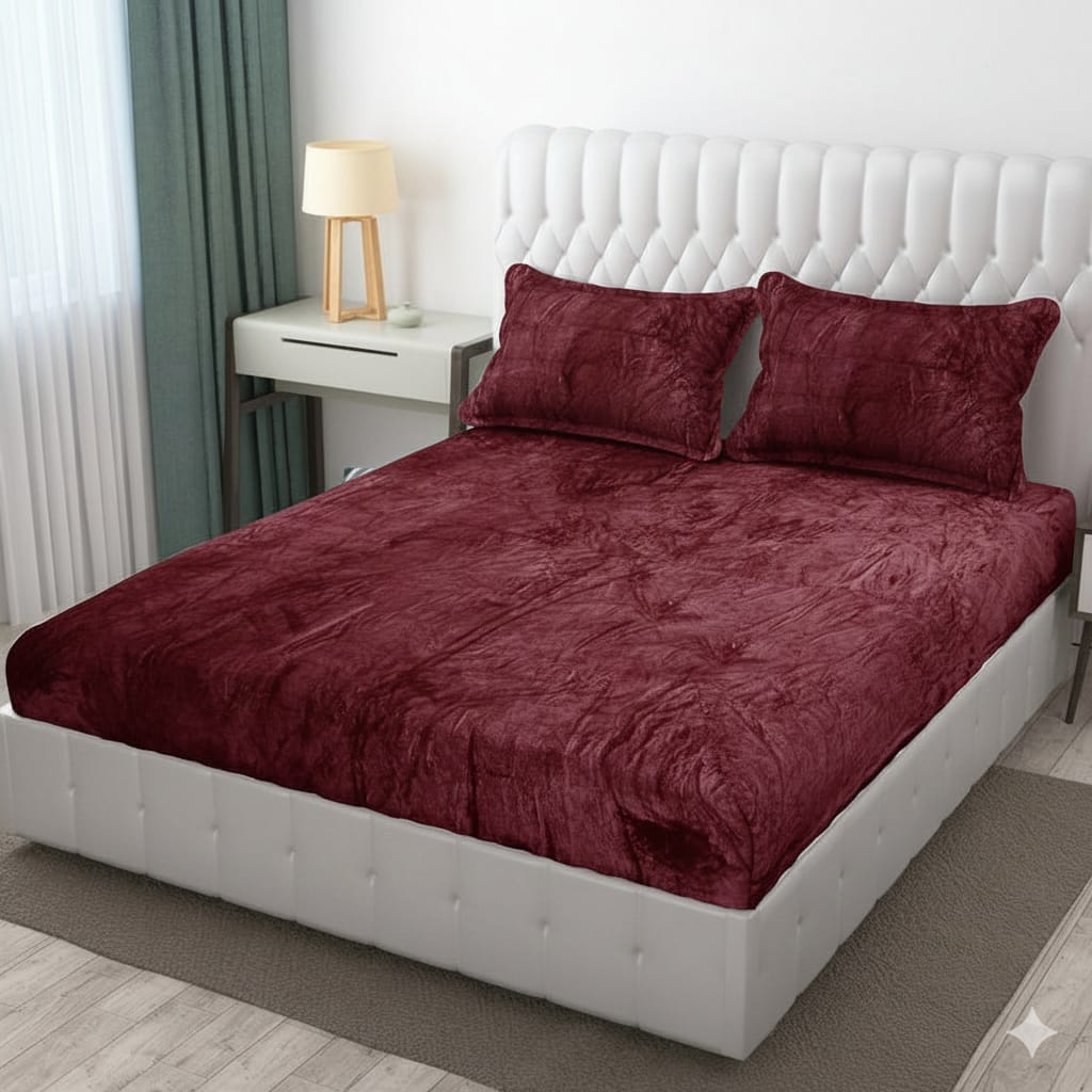 Fabicra Designer Warm Elastic Fitted King Bedsheet with 2 Pillow Covers