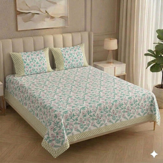 Pure Handblock King Size Bedsheets with 2 pillow covers