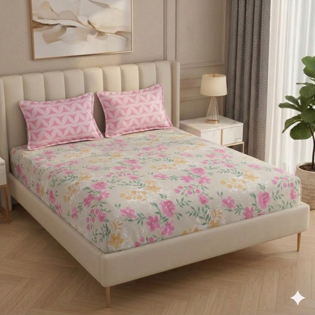 Fabicra Summer Cotton Elastic Fitted King Size Double Bed Bedsheet with 2 Pillow Covers (BOGO)