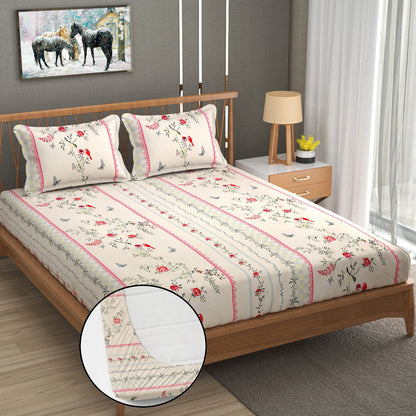 White Floral 100% Waterproof Elastic Fitted King Size Double Bed Bedsheet With 2 Pillow Covers
