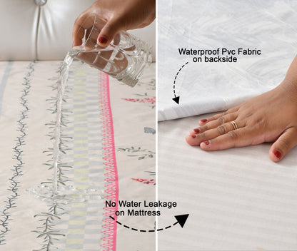 White Floral 100% Waterproof Elastic Fitted King Size Double Bed Bedsheet With 2 Pillow Covers