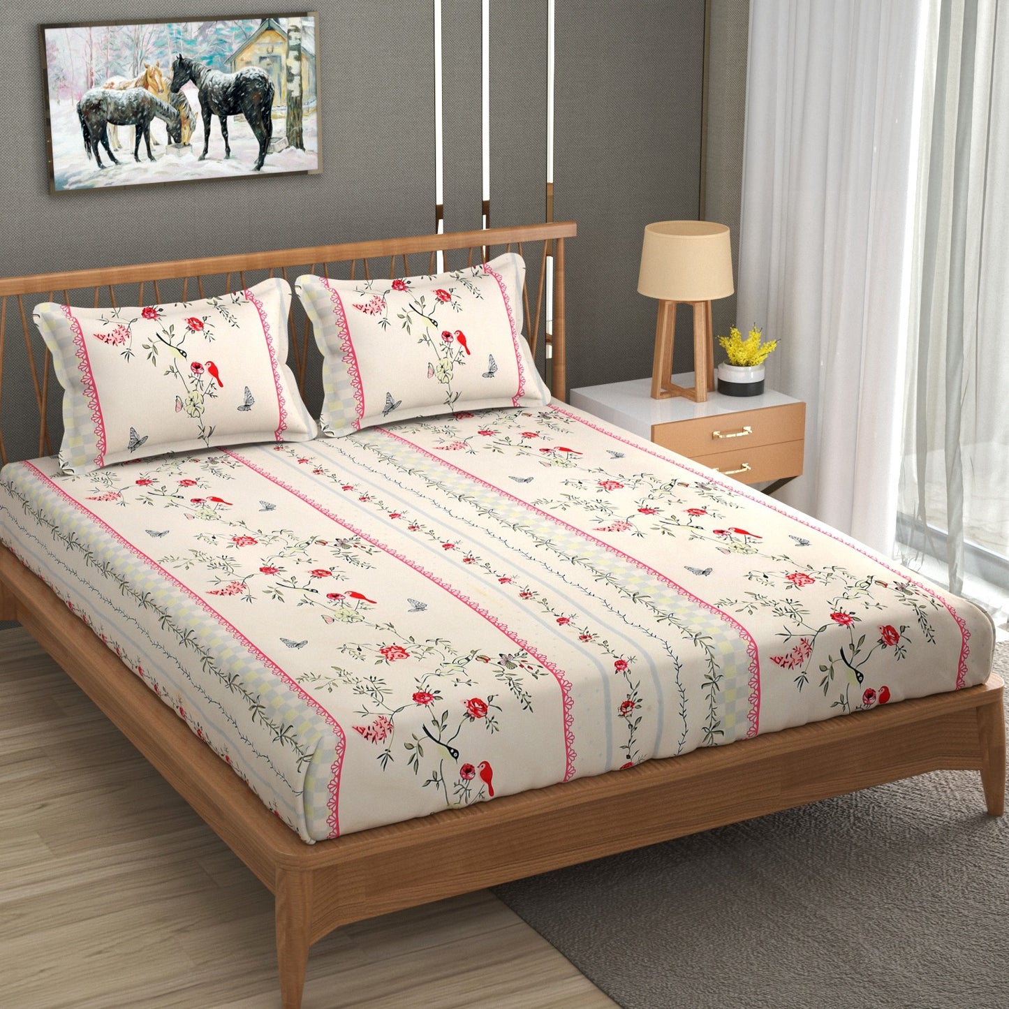 White Floral 100% Waterproof Elastic Fitted King Size Double Bed Bedsheet With 2 Pillow Covers