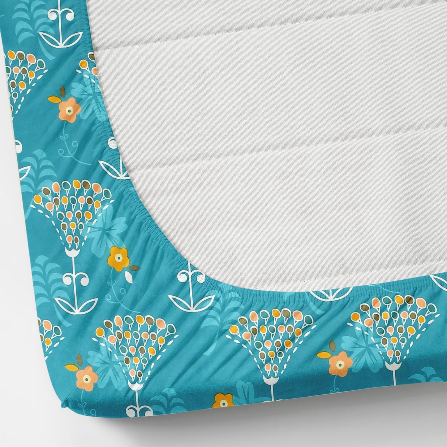 Green Floral 100% Waterproof Elastic Fitted King Size Double Bed Bedsheet With 2 Pillow Covers