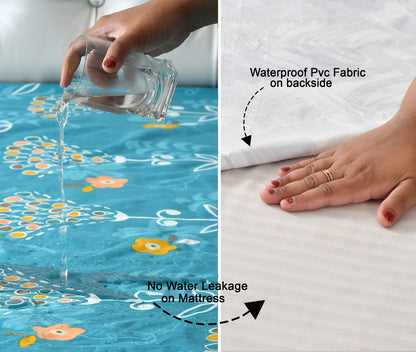Green Floral 100% Waterproof Elastic Fitted King Size Double Bed Bedsheet With 2 Pillow Covers
