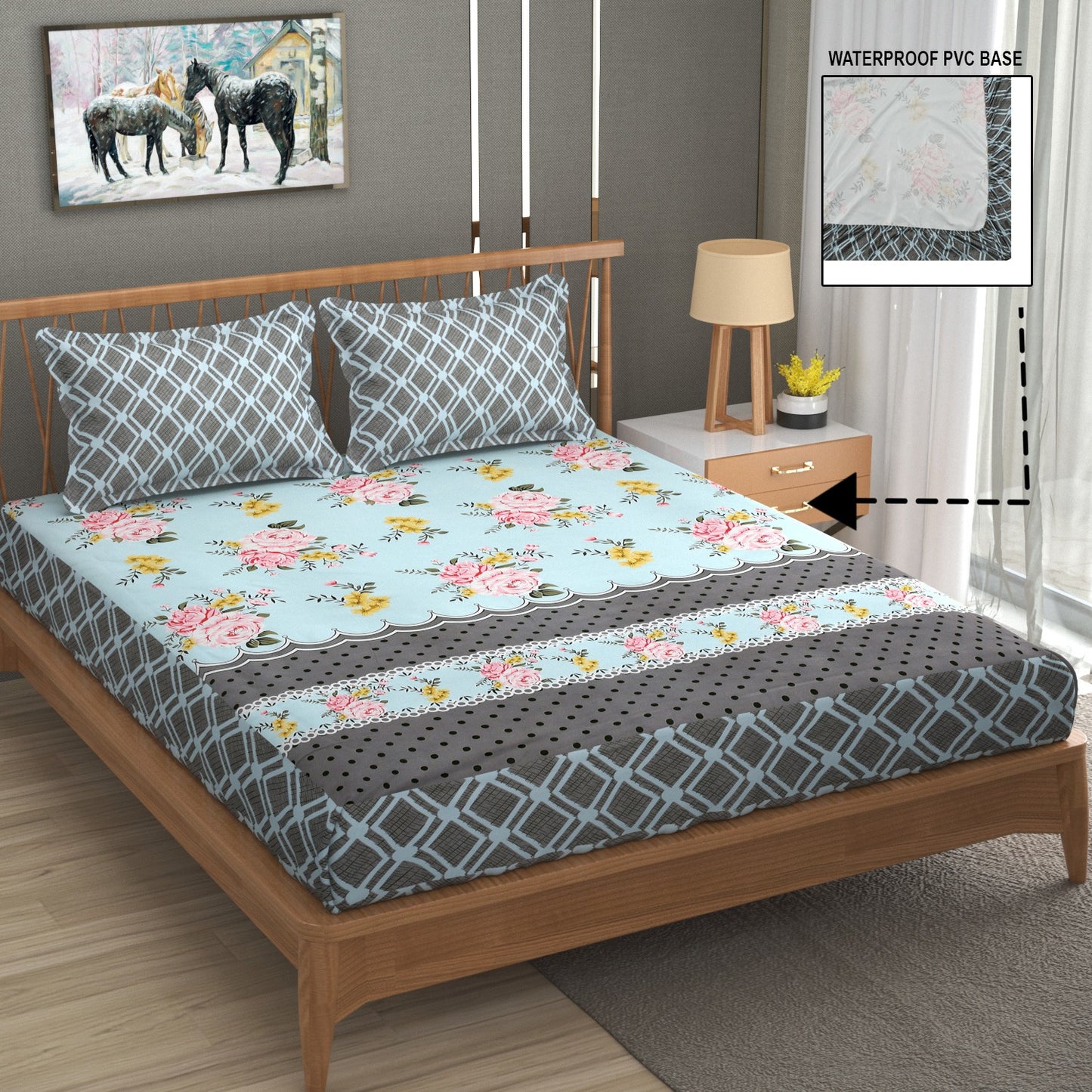 Blue Floral 100% Waterproof Elastic Fitted King Size Double Bed Bedsheet With 2 Pillow Covers