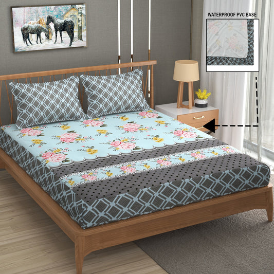 Blue Floral 100% Waterproof Elastic Fitted King Size Double Bed Bedsheet With 2 Pillow Covers