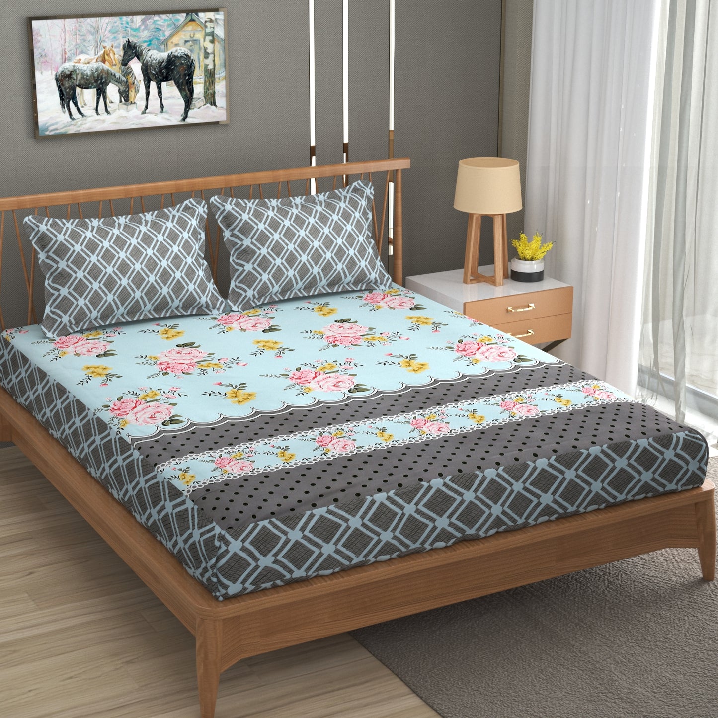 Blue Floral 100% Waterproof Elastic Fitted King Size Double Bed Bedsheet With 2 Pillow Covers