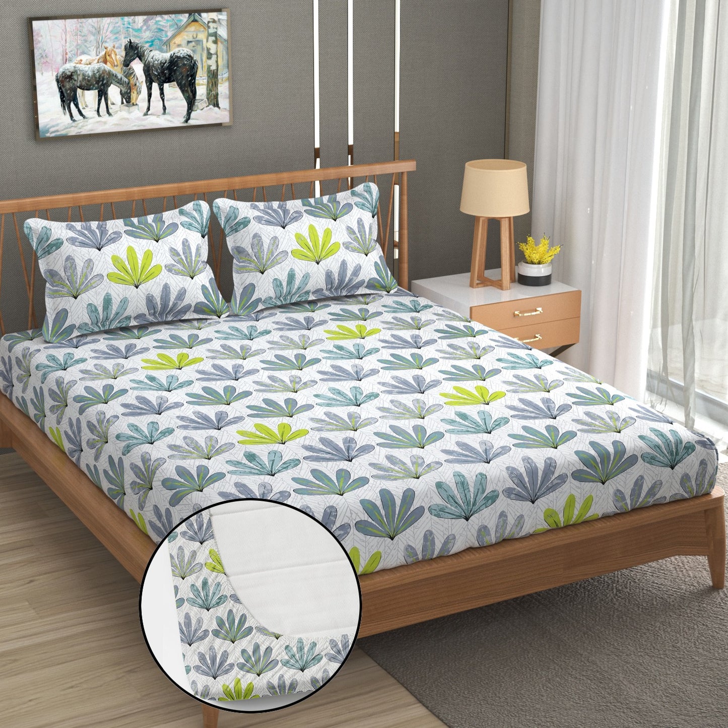 Blue Floral 100% Waterproof Elastic Fitted King Size Double Bed Bedsheet With 2 Pillow Covers (Copy)