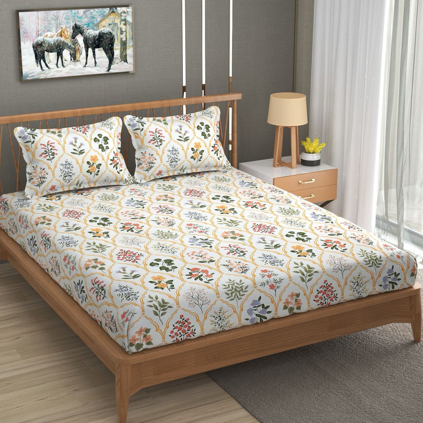 Fabicra Elegant Floral Cotton Elastic Fitted King Size Double Bed Bedsheet with 2 Pillow Covers