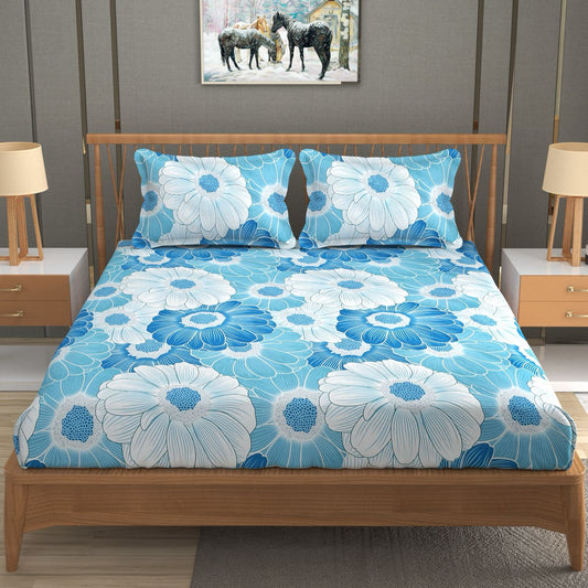 Fabicra Blue Blossom Cotton Elastic Fitted King Size Double Bed Bedsheet with 2 Pillow Covers