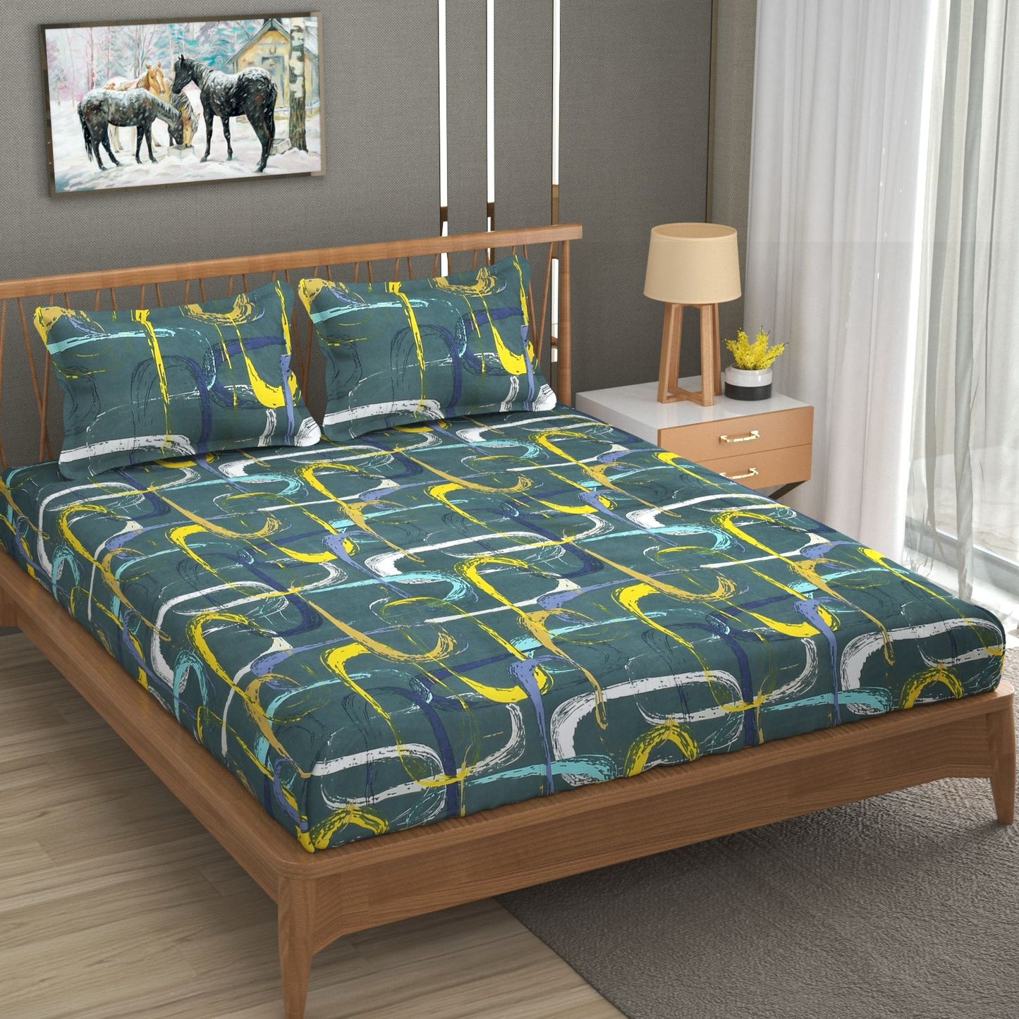 Fabicra Rich Abstract Cotton Elastic Fitted King Size Double Bed Bedsheet with 2 Pillow Covers