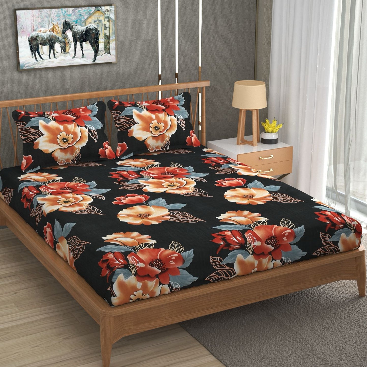 Fabicra Deep Love Floral Cotton Elastic Fitted King Size Double Bed Bedsheet with 2 Pillow Covers