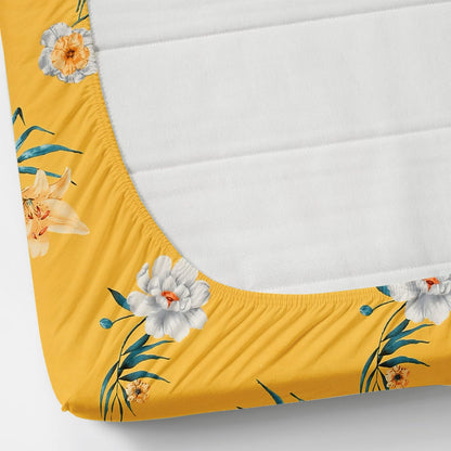 Fabicra Yellow Blossom Floral Cotton Elastic Fitted King Size Double Bed Bedsheet with 2 Pillow Covers