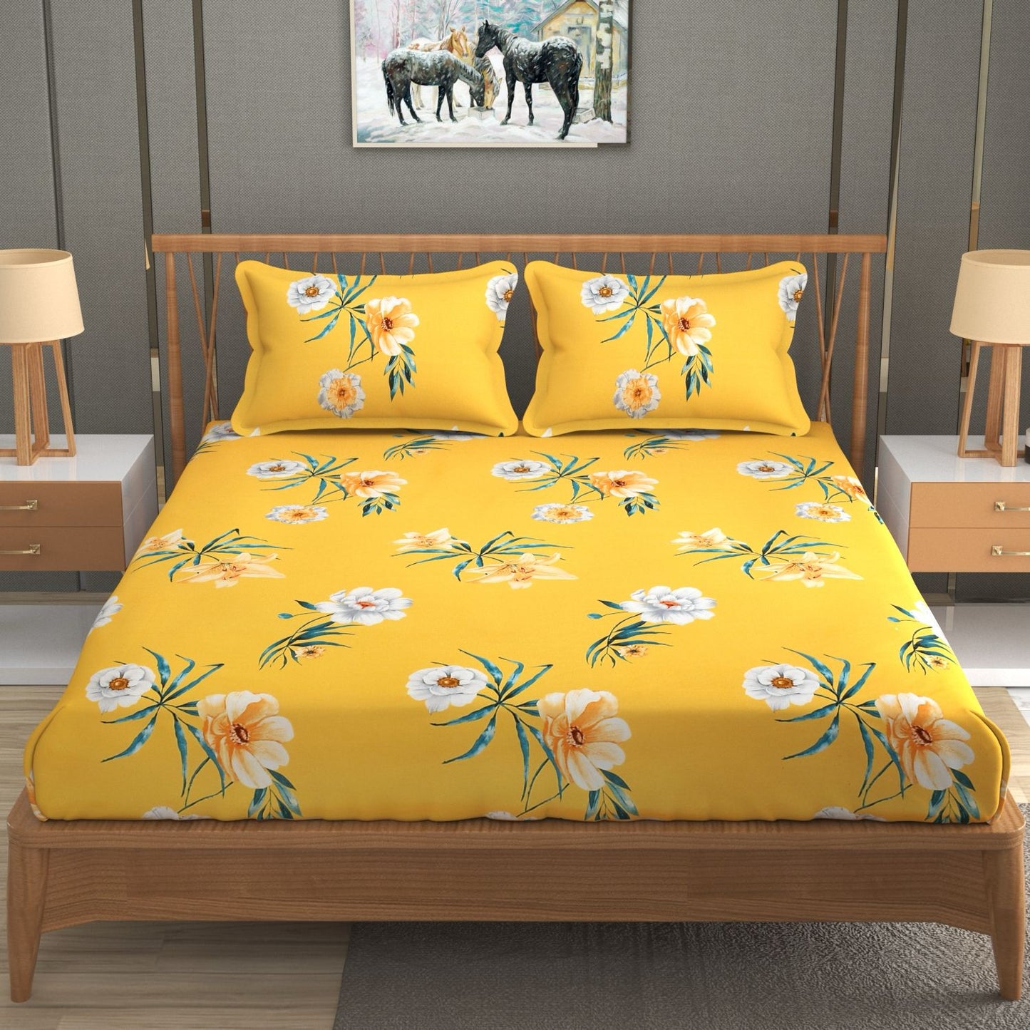 BOGO Fabicra Yellow Blossom Floral Cotton Elastic Fitted King Size Double Bed Bedsheet with 2 Pillow Covers