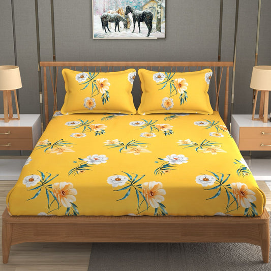 Fabicra Yellow Blossom Floral Cotton Elastic Fitted King Size Double Bed Bedsheet with 2 Pillow Covers