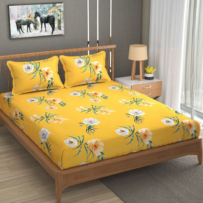 BOGO Fabicra Yellow Blossom Floral Cotton Elastic Fitted King Size Double Bed Bedsheet with 2 Pillow Covers