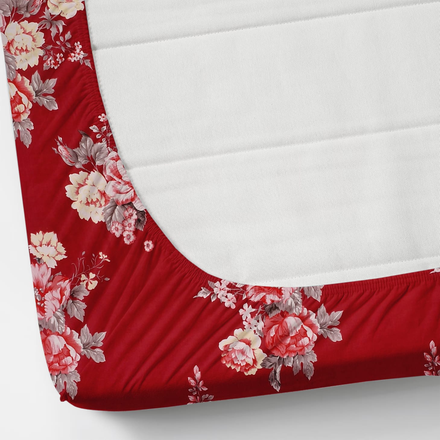Fabicra Red Floral Cotton Blend Elastic Fitted King Bedsheet with 2 Pillow Covers